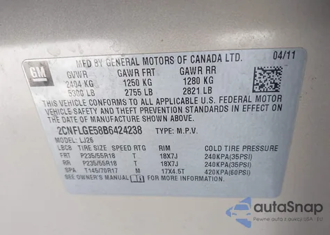 2011 Chevrolet Equinox Ltz from USA, damaged, VIN 2CNFLGE58B6424238